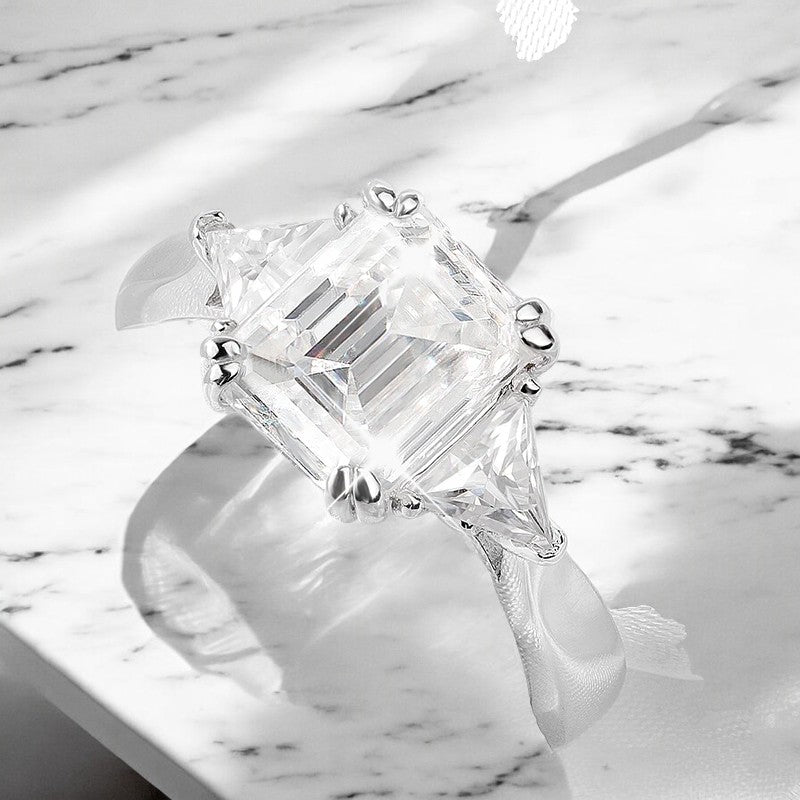 5CT Emerald Cut Moissanite Ring With Trillion Cut Side Stones - Dazzle and Grace