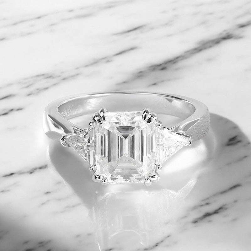 5CT Emerald Cut Moissanite Ring With Trillion Cut Side Stones - Dazzle and Grace